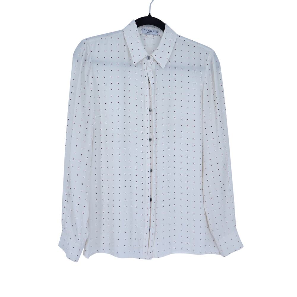 Frame Silk Button Up Shirt Ivory Blanc Dot Long Sleeve Blouse Women's S